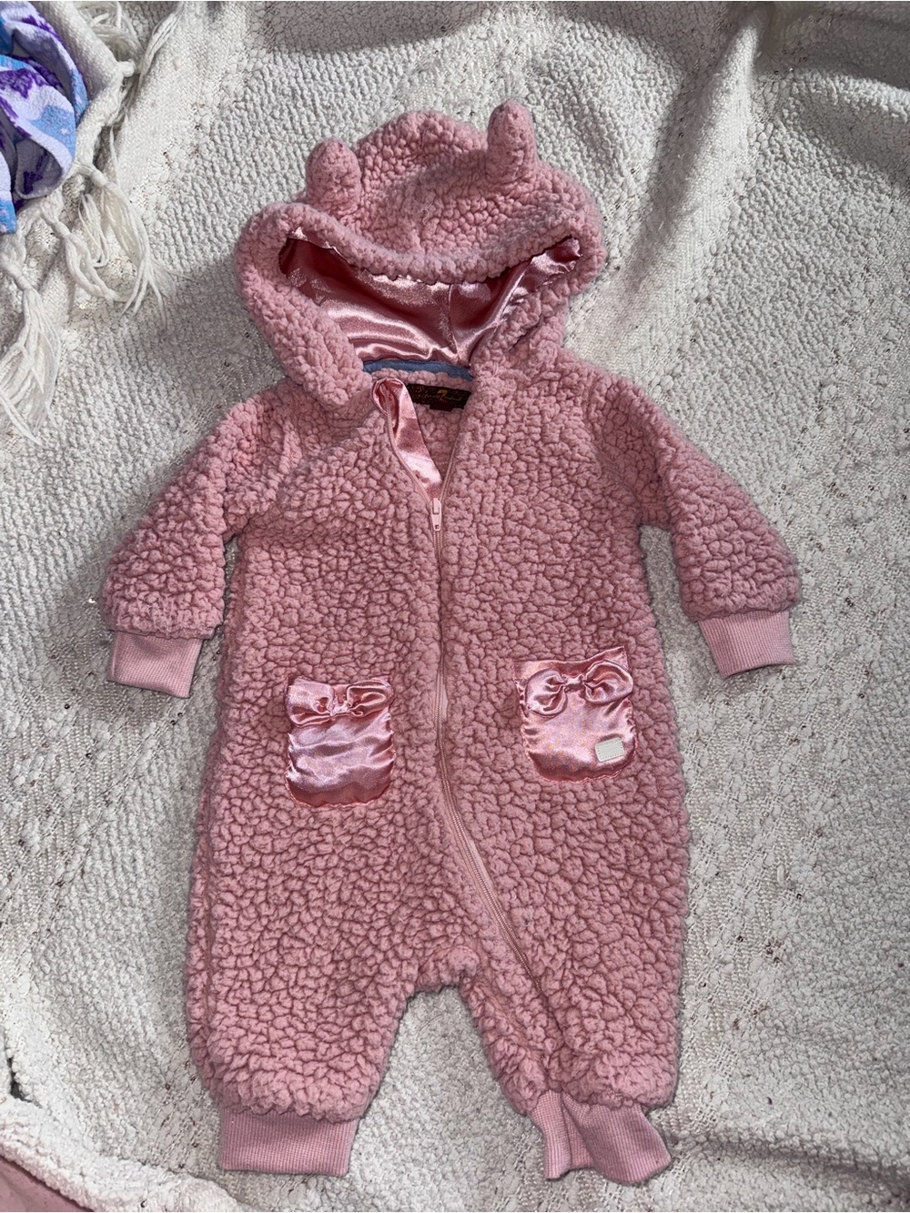 7 For All Mankind Pink Sherpa Hooded Baby One-Piece